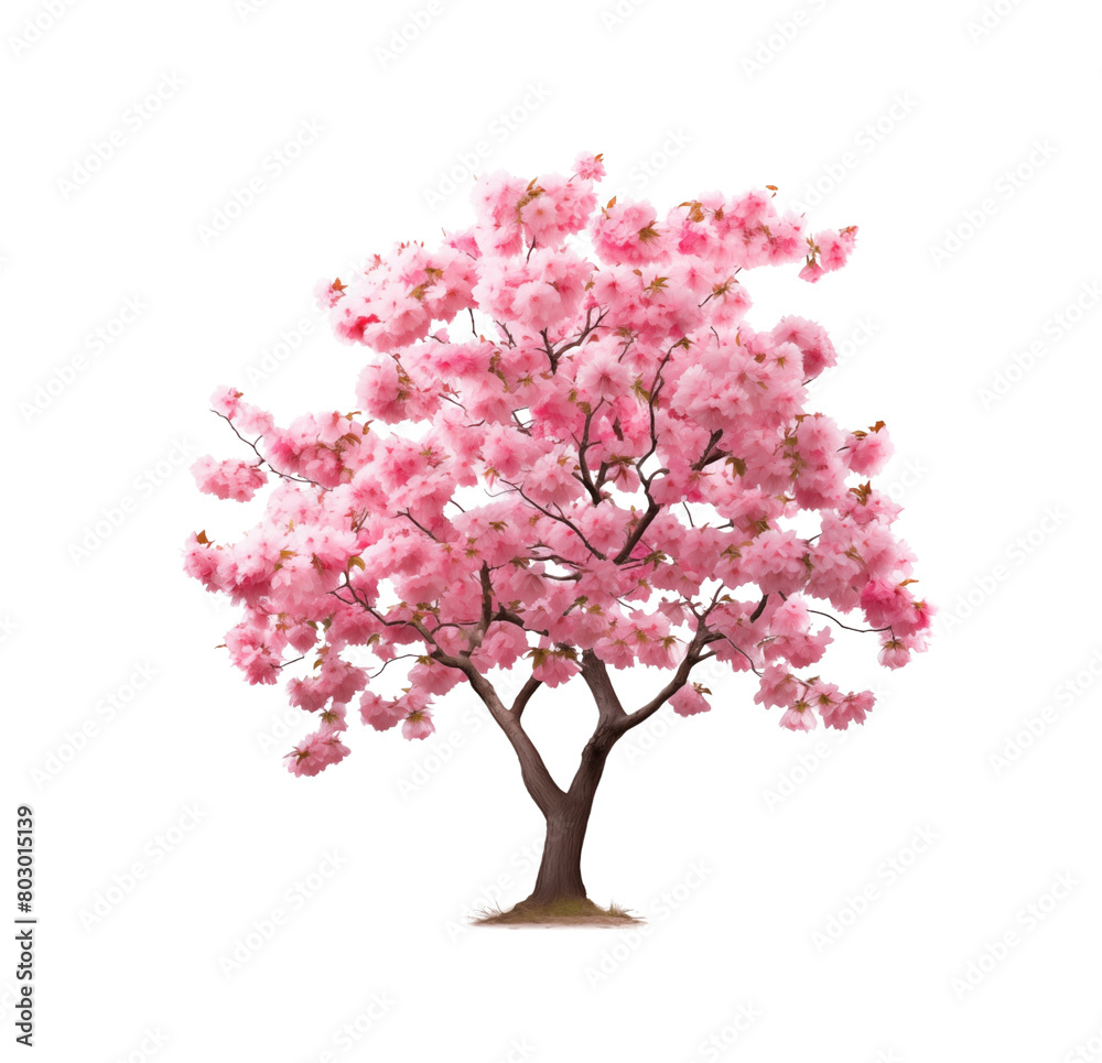 Fototapeta premium A flourishing pink cherry blossom tree isolated on transparent background, epitomizing the beauty of spring. Generative AI