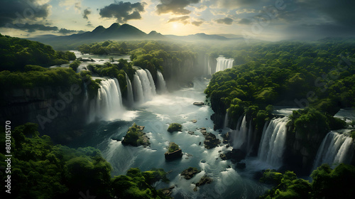 An aerial view of a majestic waterfall cascading into a serene lake  surrounded by lush forests  under the soft light of the early morning sun.