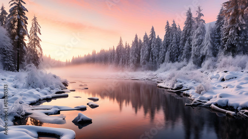 An early morning view of a calm, clear river flowing gently through a snowy landscape, with the pink and orange hues of sunrise reflecting off the water and snow-covered banks.