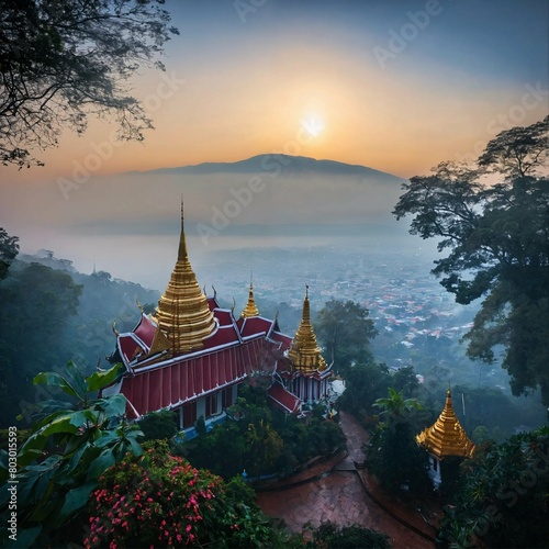 Wat Phra That in Southeast Asia shrouded in morning fog photo