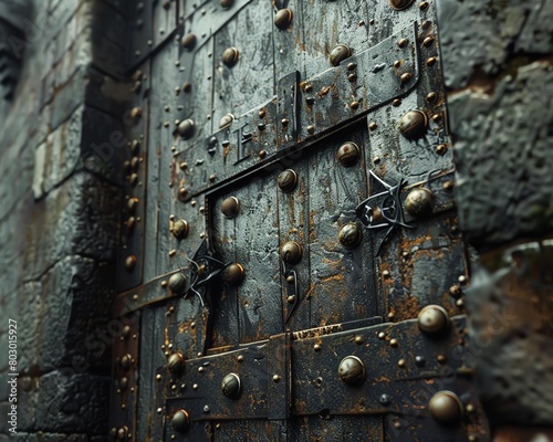 A closeup of a city wall gate with elaborate metalwork and hidden defensive mechanisms