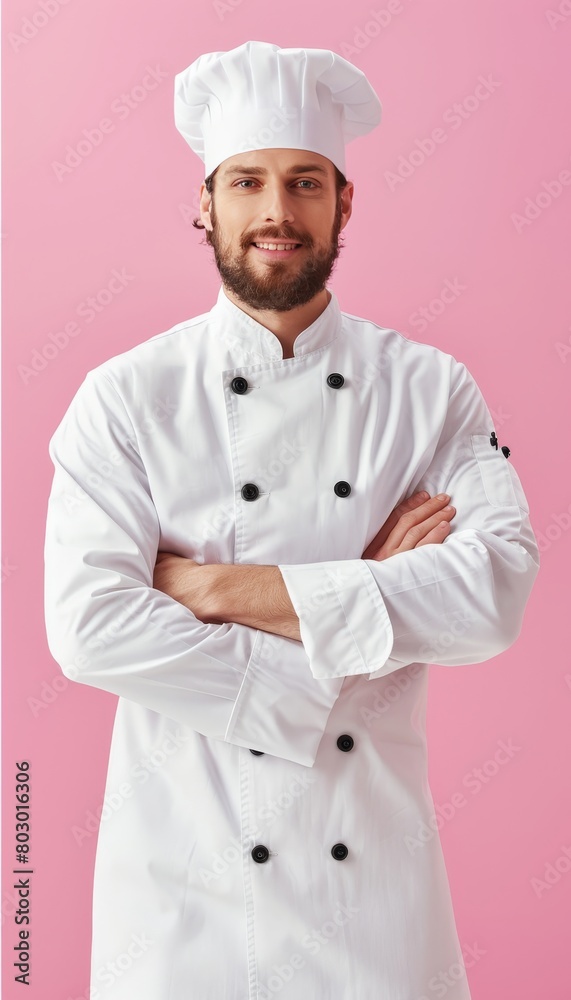 Smiling female chef portrait on pastel background with ample space for text placement