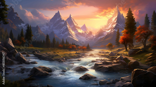 An enchanting scene of a gentle stream flowing over smooth rocks, leading the eye towards a majestic mountain range bathed in the last light of the setting sun. photo