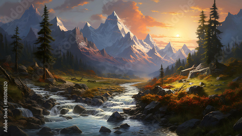 An enchanting scene of a gentle stream flowing over smooth rocks, leading the eye towards a majestic mountain range bathed in the last light of the setting sun.