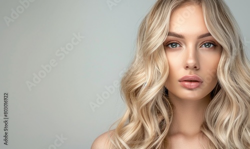 A beautiful blonde woman with long, wavy hair styled in loose waves and styled in the style of a professional beauty studio for a photoshoot advertising hair extensions on a grey background