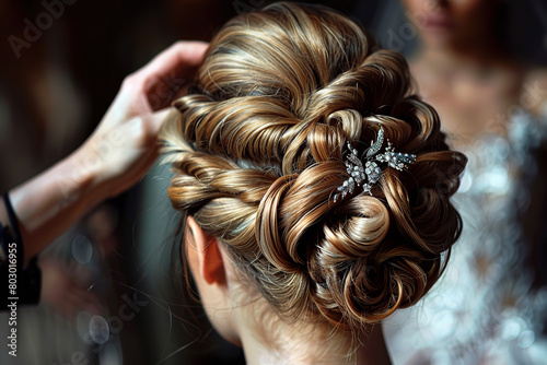 A stylist uses advanced thermal tools to craft sophisticated updos for a wedding party - demonstrating technical skill and precision