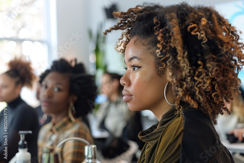 A hairstylist leads a workshop focused on natural hair care - teaching sustainable techniques for maintaining and styling curls
