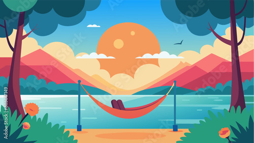 A refreshing lake scene where a hammock is hanging between two trees inviting someone to relax and unwind as they watch the sun glisten on the waters.