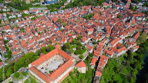 Aerial view of the old town of Tübingen in Germany on a sunny day in spring