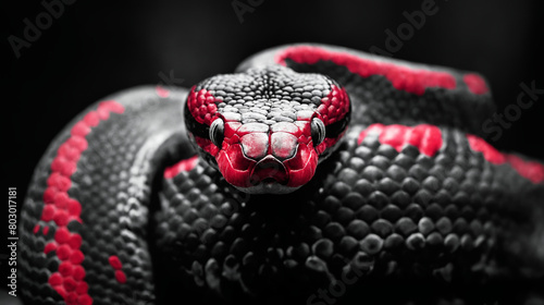 A black snake with thin red bands slithers against a black background.