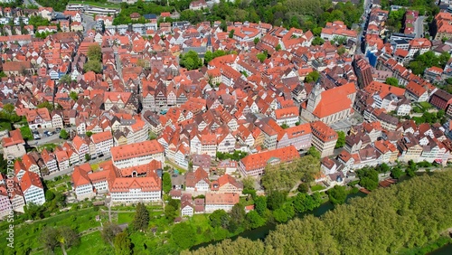 Aerial view of the old town of Tübingen in Germany on a sunny day in spring