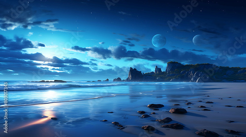 A crisp, clear night on a deserted beach, where the Milky Way's arc is vividly visible, stretching over the horizon, with the gentle sound of waves providing a soothing soundtrack.