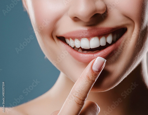 Woman smiling point finger to showing healthy gum white