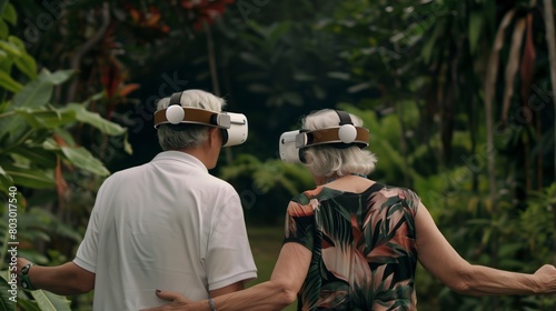 Senior couple with VR headsets in a jungle environment