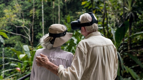 Elderly couple using VR headsets in a tropical setting