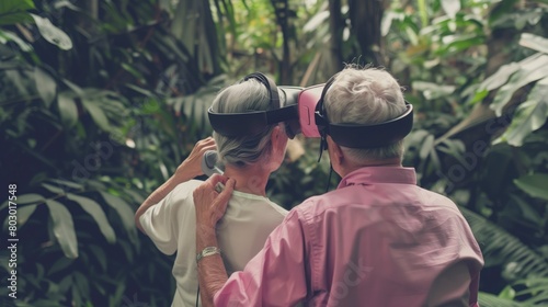Senior couple enjoying virtual reality in a lush garden