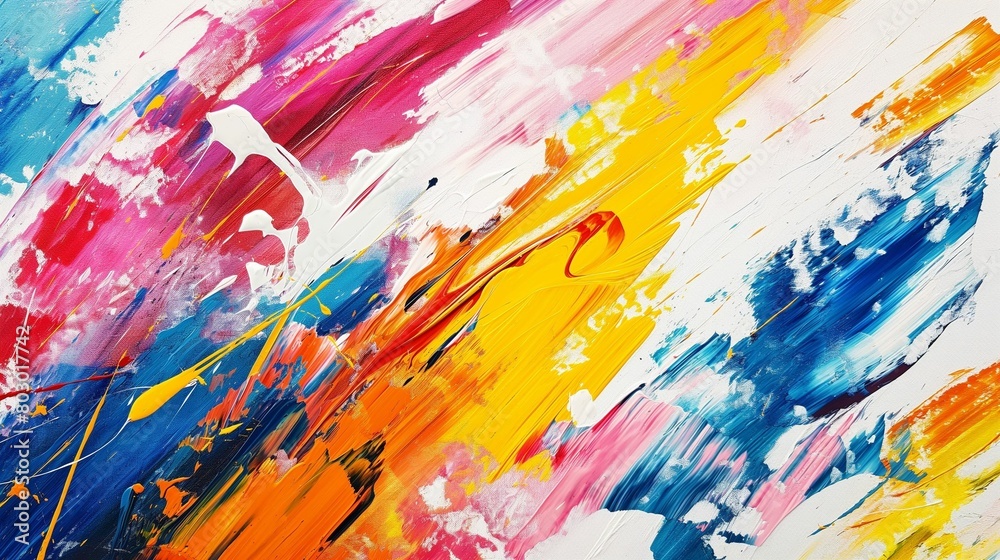 Abstract expressionist acrylic paint strokes in vibrant colors on canvas.