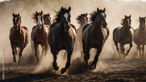 Horses run gallop in the dust at sunset, motion blur