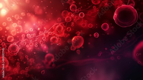 Digital artwork of abstract microscopic red cells and particles in a dynamic flow.