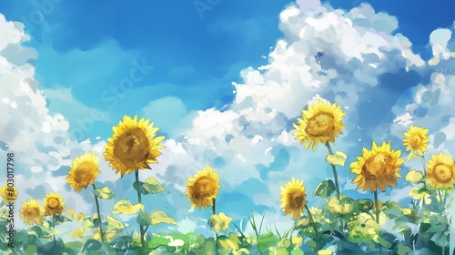 Watercolor illustration of a row of sunflowers against a vibrant blue sky with fluffy white clouds.