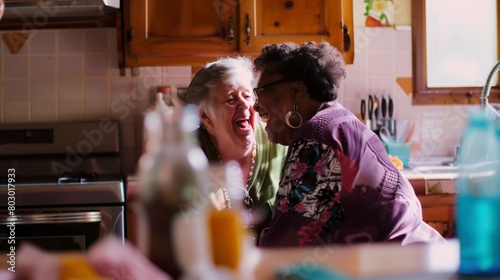 Senior Women Laughing in Kitchen