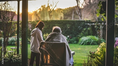 Elderly Woman and Caregiver in Garden at Sunset