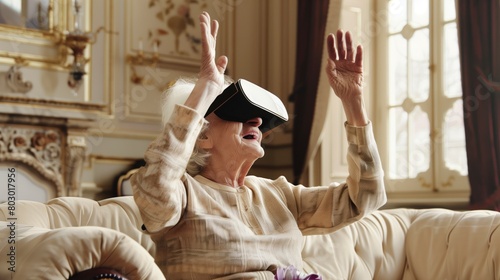 Senior Woman Enjoying Virtual Reality at Home