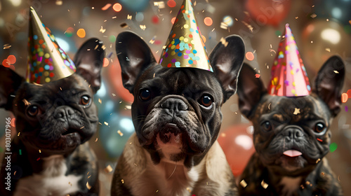 Three French bulldogs in party hats enjoying a fun birthday bash. Group of playful French bulldogs celebrating with colorful confetti. French bulldogs with hats at a festive birthday celebration