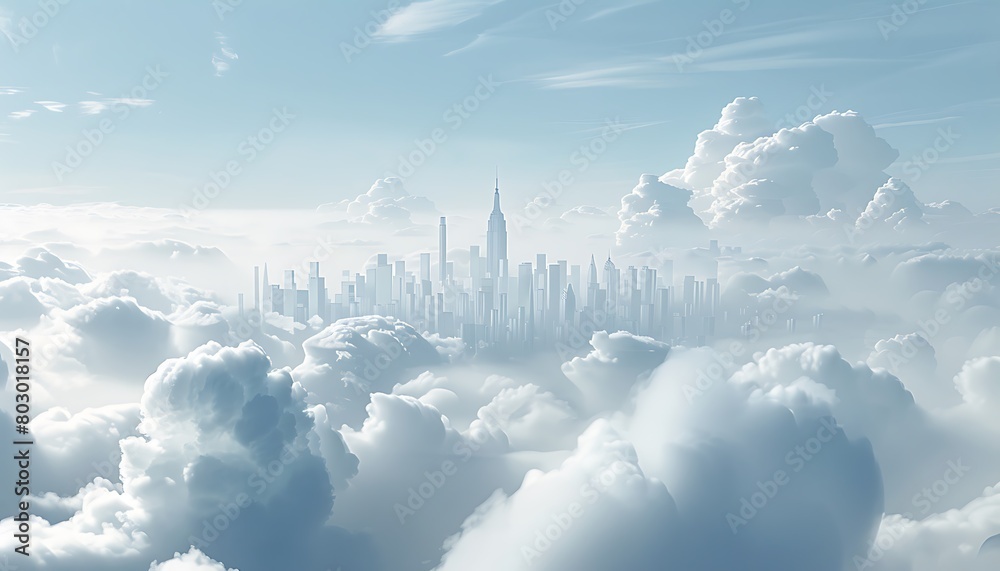 A sleek city skyline emerges from the clouds, symbolizing futuristic cloud computing applications