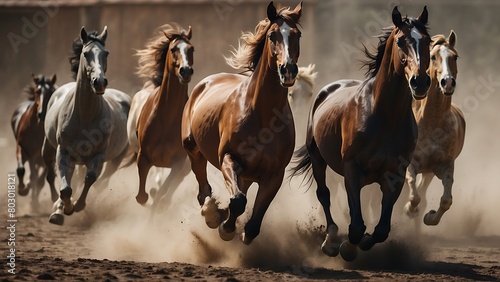 Horses run gallop in the dust at sunset  motion blur