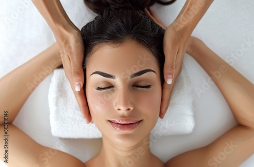 A beautiful woman is lying on her back, with both hands placed above her head to craft facial massage