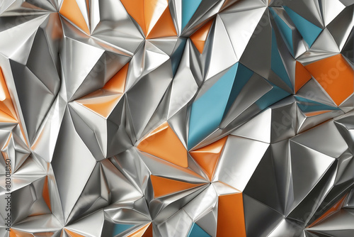 Abstract geometric background with metallic texture in silver  orange and teal color