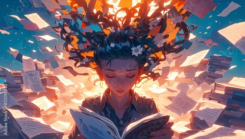 Young woman reading, surrounded by floating books and papers with colorful sticky notes. Her hair swirls around her as she is lost in the world of stories. The background features an explosion photo
