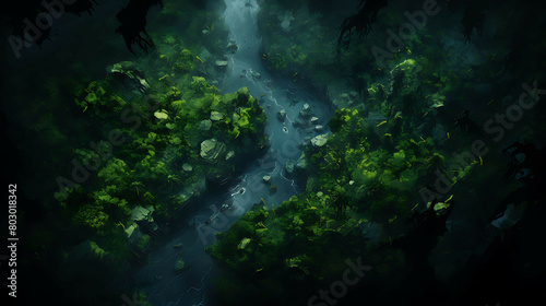 A dense rainforest canopy seen from above  where the endless sea of green is broken only by the occasional burst of color from flowering trees or the winding path of a river.