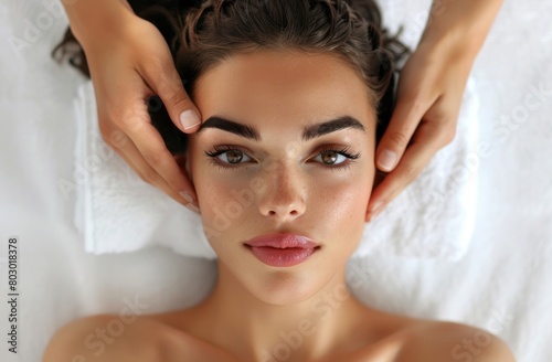 A beautiful woman is lying on her back, with both hands placed above her head to craft facial massage