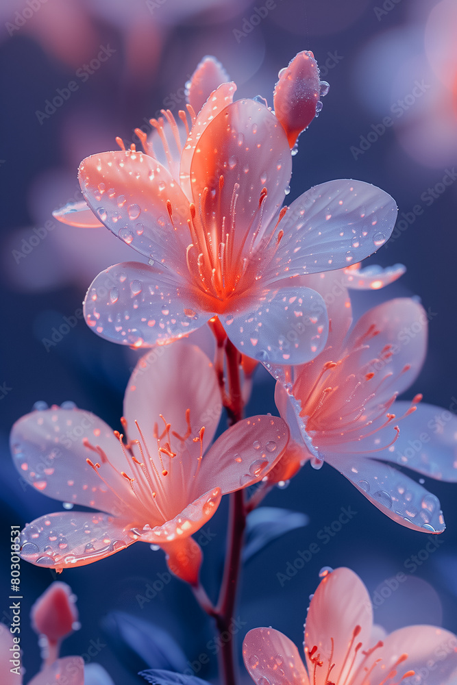 Fototapeta premium Neon blue pink shining 3D render glowing abstract flowers. Digital artistic floral vertical background