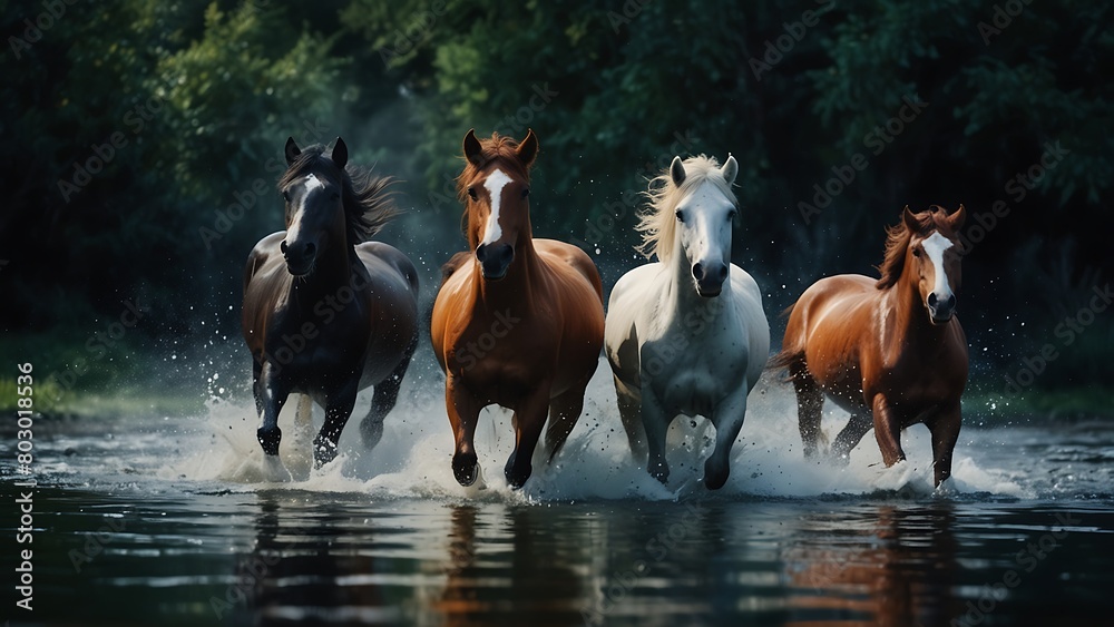 Herd of horses galloping in water at sunset in summer.