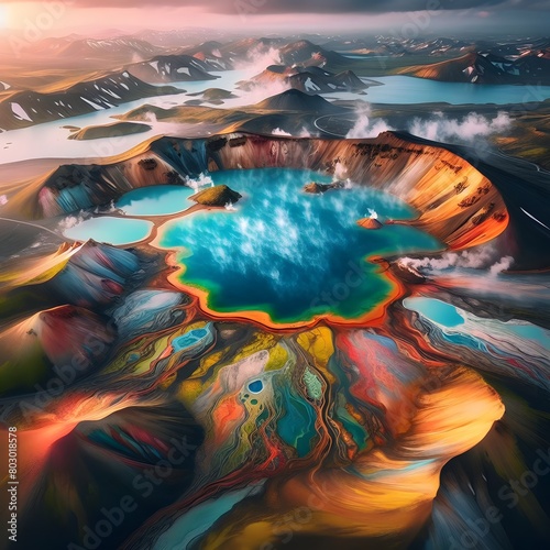 Fantasy surreal landscape. Mountain lake at sunrise. 3D illustration generated by ai