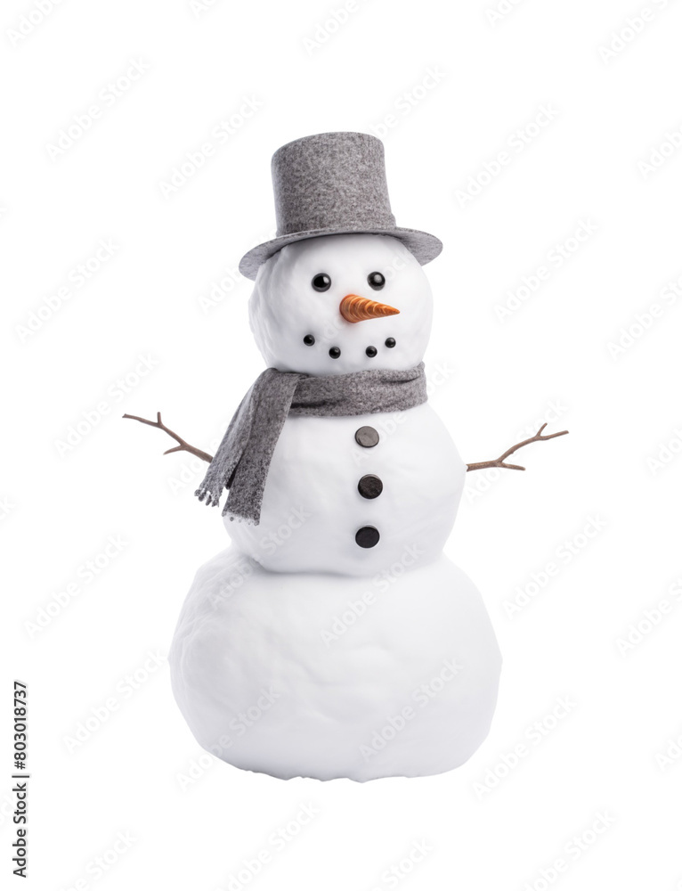 Fototapeta premium A charming snowman adorned with a knitted hat and scarf isolated on a transparent background, radiating winter joy. Generative AI