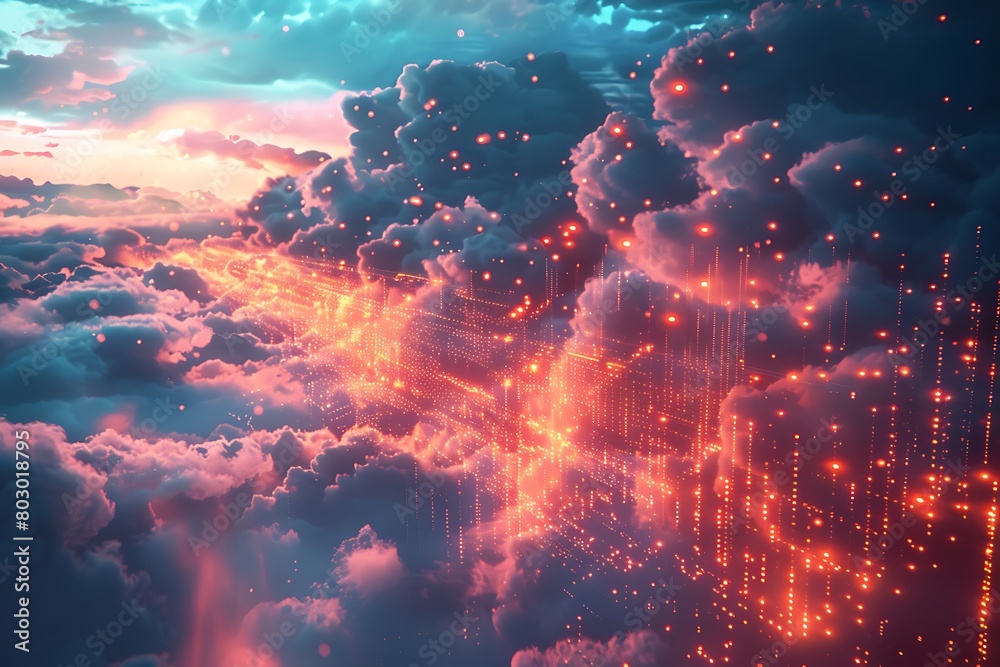 Glowing data streams flow through the clouds, shaping the future of technology