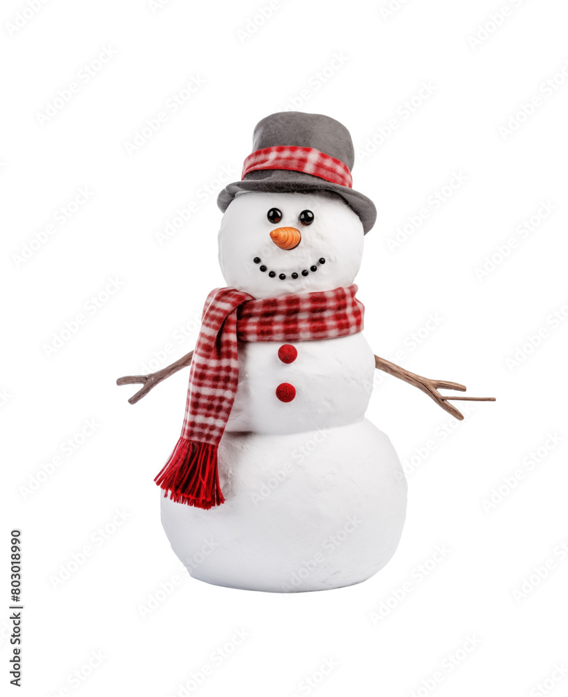 A charming snowman adorned with a knitted hat and scarf isolated on a transparent background, radiating winter joy. Generative AI