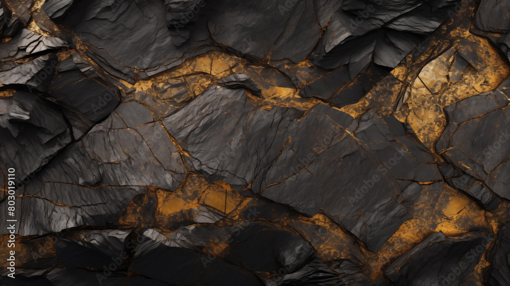 Rough dark stone texture with cracks and gold flecks. Dark background.