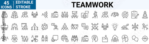 Teamwork training line icons related team, co-workers, cooperation. Linear busines simple symbol collection. vector illustration. Editable stroke