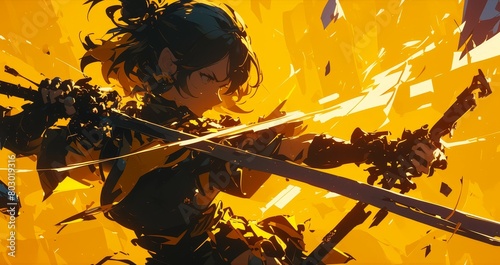 An illustration of an action scene with a young woman kung fu fighter in the style of a dark orange and yellow palette. Dynamic movement.