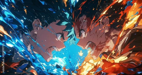 A vibrant anime-style battle scene between two characters, one with spiky hair and the other in dark blue tones, set against an abstract background