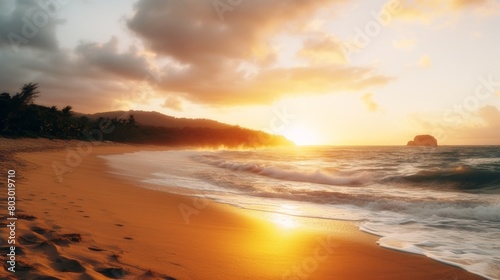 beautiful beach with golden sand and blue water, the sun setting in the background casting long shadows across the scene.