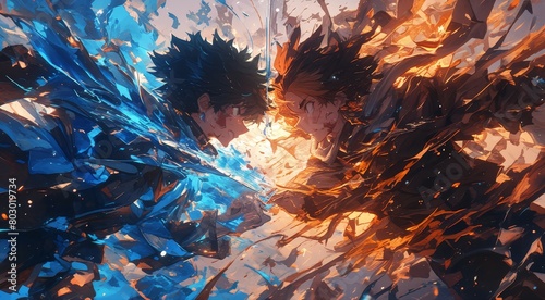 A vibrant anime-style battle scene between two characters, one with spiky hair and the other in dark blue tones, set against an abstract background