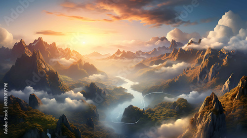 A high-altitude view of a cloud inversion in a mountain range at sunrise, with peaks emerging like islands in a sea of clouds, and the sun casting a warm, golden light over the surreal landscape. photo