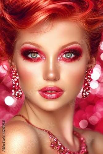 Delicate makeup woman portrait on soft background with ample space for text placement