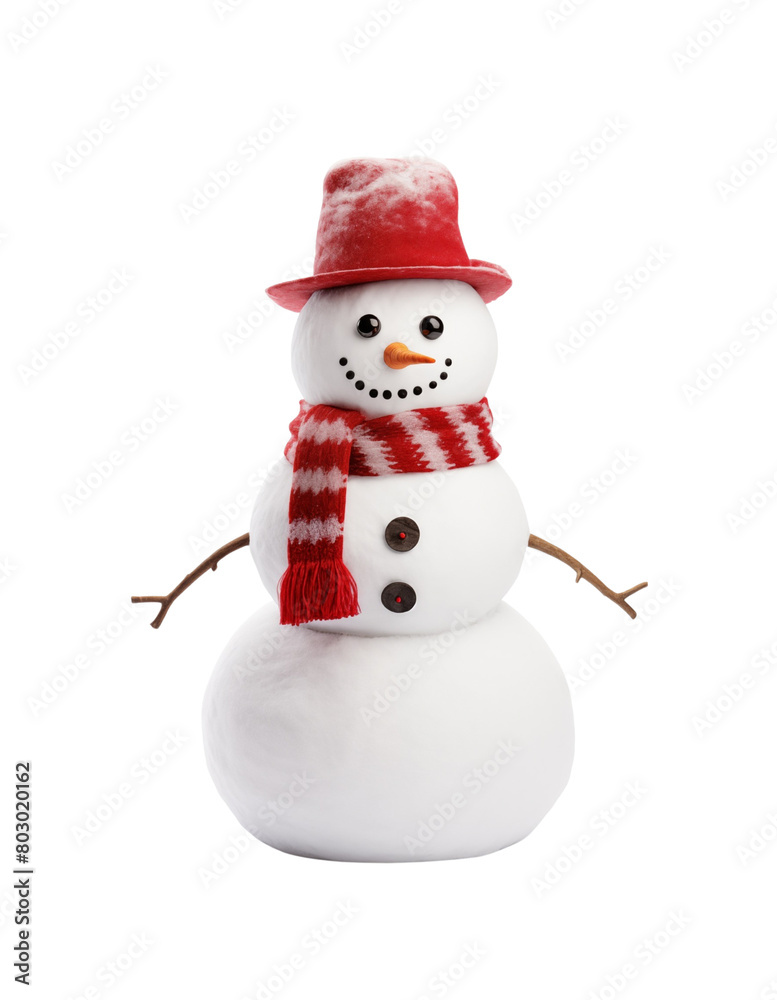 A charming snowman adorned with a knitted hat and scarf isolated on a transparent background, radiating winter joy. Generative AI